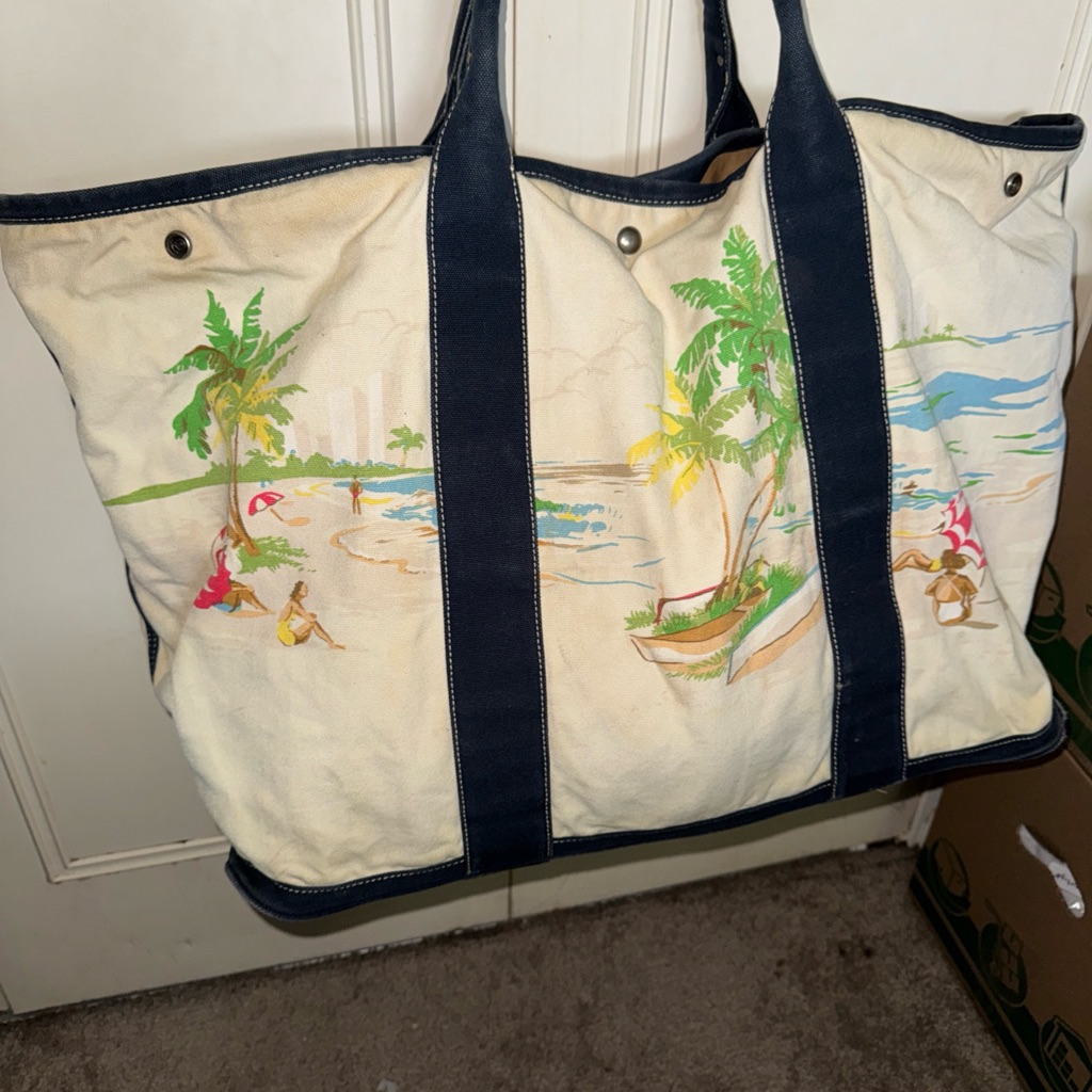 J. Crew Tropical Beach Canvas Tote With Navy Trim